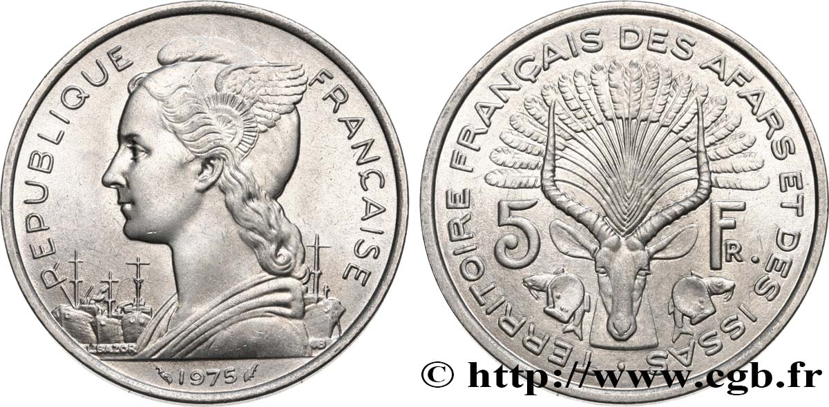 DJIBUTI - French Territory of the Afars and Issas  5 Francs Marianne / antilope 1975 Paris AU 