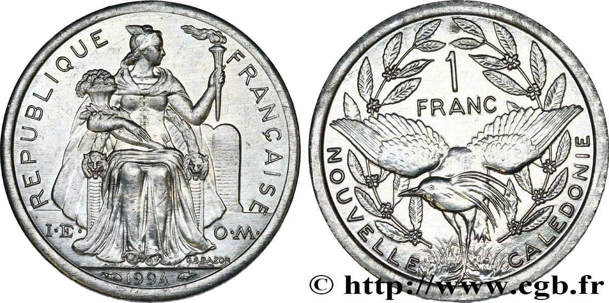 NEUKALEDONIEN 1 Franc I.E.O.M. représentation allégorique de Minerve / Kagu, oiseau de Nouvelle-Calédonie 1994 Paris fST 
