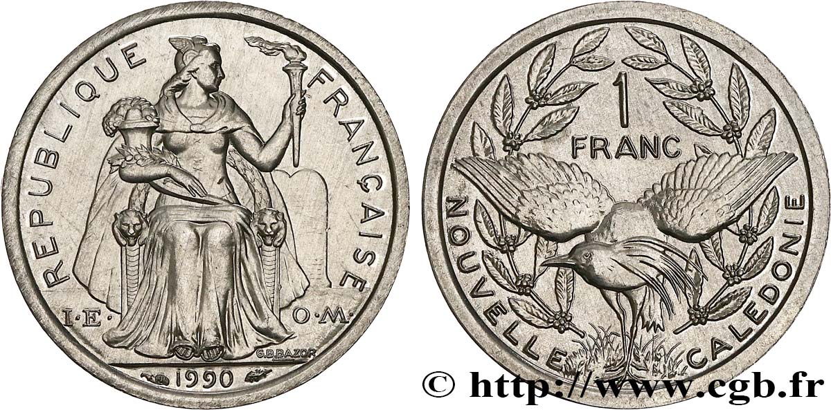 NUEVA CALEDONIA 1 Franc I.E.O.M. représentation allégorique de Minerve / Kagu, oiseau de Nouvelle-Calédonie 1990 Paris SC 