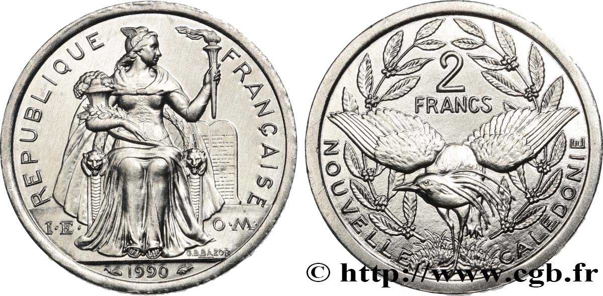 NOUVELLE CALÉDONIE 2 Francs I.E.O.M. 1990 Paris SPL 