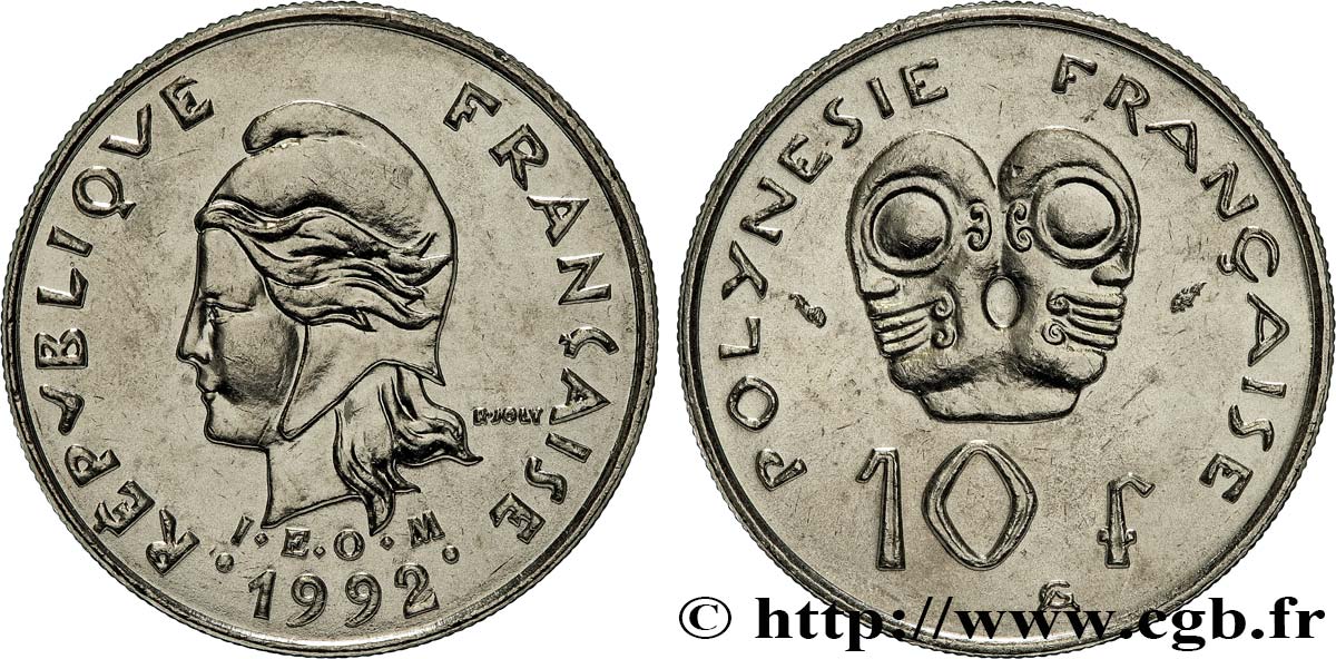 FRANZÖSISCHE-POLYNESIEN 10 Francs I.E.O.M Marianne 1992 Paris VZ 