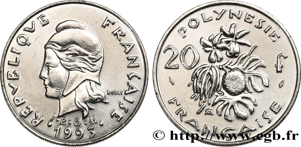 POLINESIA FRANCESE 20 Francs I.E.O.M Marianne  1993 Paris MS 