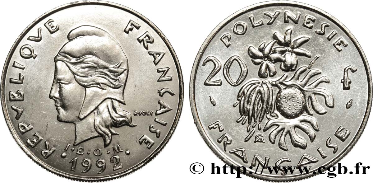 POLINESIA FRANCESE 20 Francs I.E.O.M Marianne  1992 Paris MS 