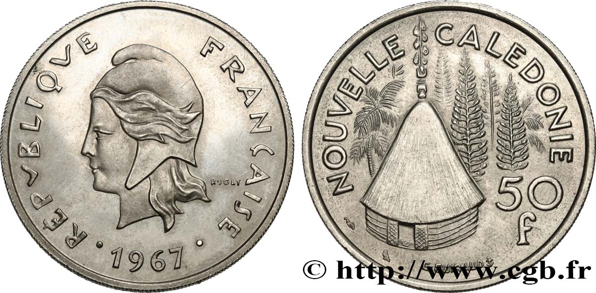 NEW CALEDONIA Pré-série sans le mot ESSAI de 50 francs, revers Georges Guiraud 1967 Paris MS65 