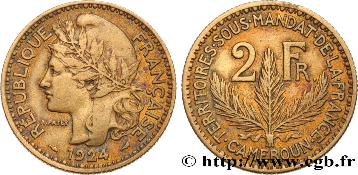 KAMERUN - FRANZÖSISCHE MANDAT 2 Francs 1924 Paris fSS 