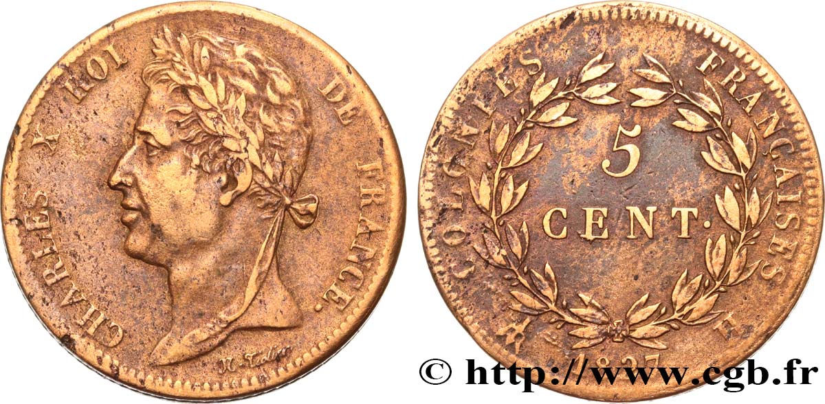 COLONIE FRANCESI - Carlo X, per Martinica e Guadalupa 5 Centimes Charles X 1827 La Rochelle - A BB 