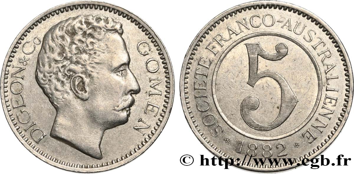 NUOVA CALEDONIA 5 Francs Digeon &Co - Gomen 1882  q.SPL 