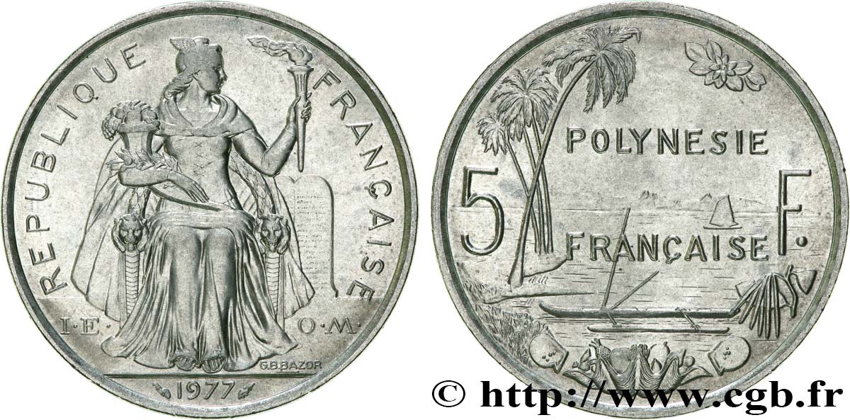 FRANZÖSISCHE-POLYNESIEN 5 Francs I.E.O.M. Polynésie Française 1977 Paris fST 