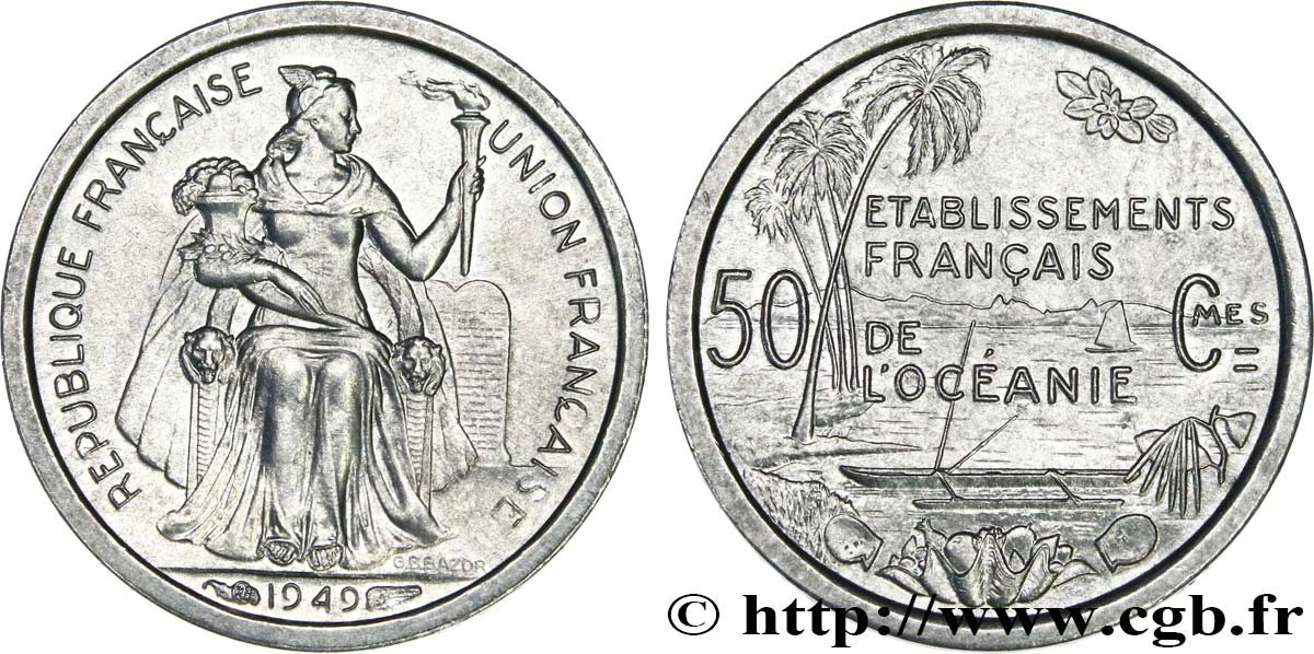 POLINESIA FRANCESE - Oceania Francese 50 Centimes Établissements Français de l’Océanie 1949 Paris MS 