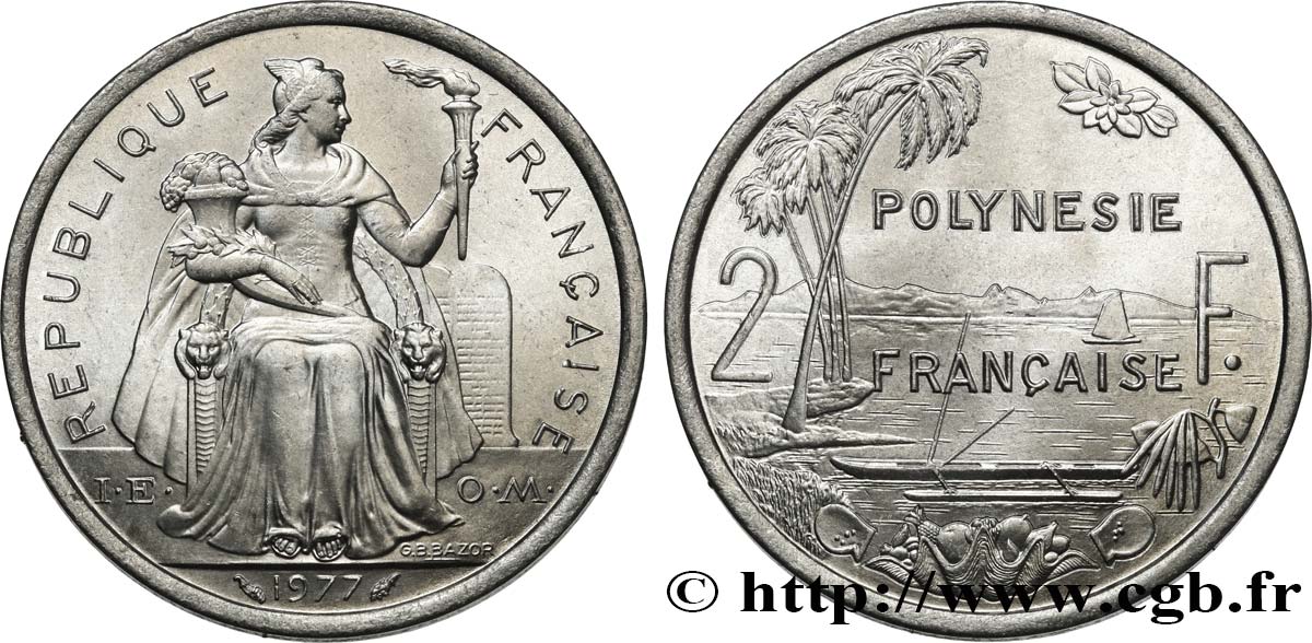POLINESIA FRANCESE 2 Francs I.E.O.M. Polynésie Française 1977 Paris MS 