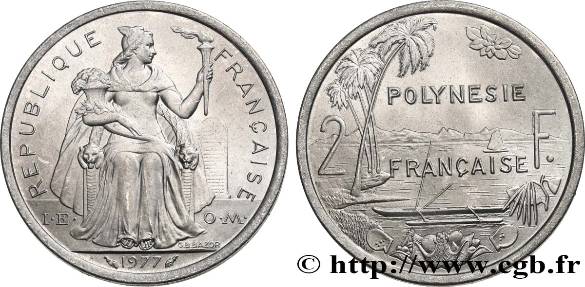 FRANZÖSISCHE-POLYNESIEN 2 Francs I.E.O.M. Polynésie Française 1977 Paris fST 