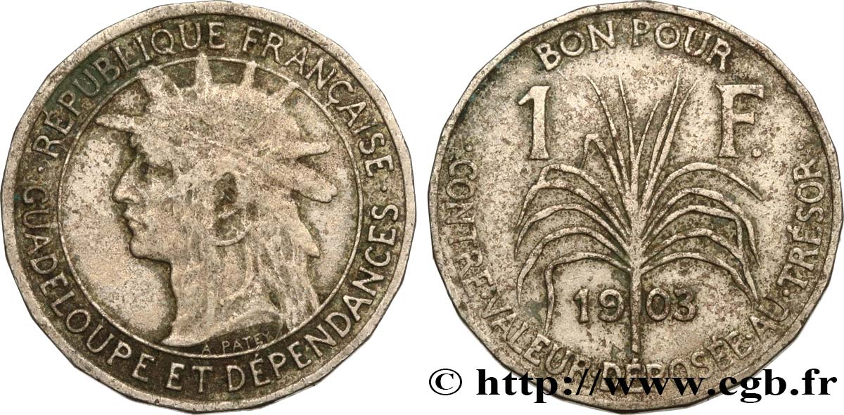 GUADALUPE Bon pour 1 Franc indien caraïbe / canne à sucre 1903  BC 