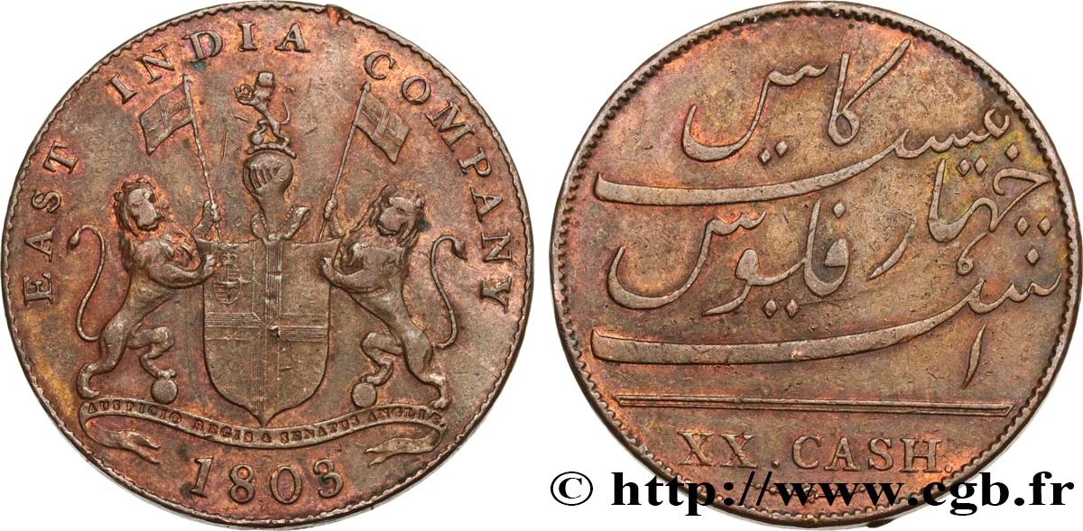 ILE DE FRANCE (MAURITIUS) XX (20) Cash East India Company 1803 Madras VF 