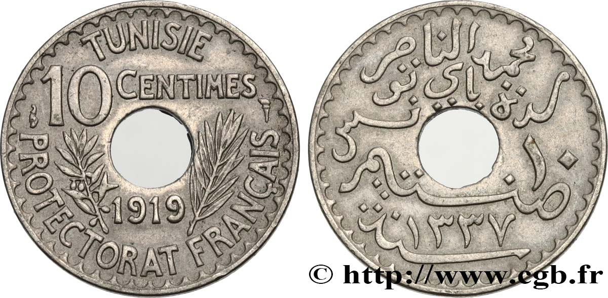 TUNEZ - Protectorado Frances 10 Centimes AH 1337 1919 Paris MBC+ 