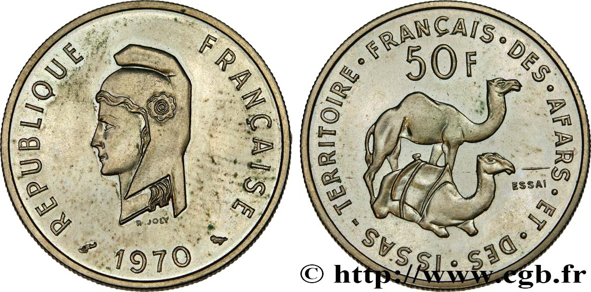 DSCHIBUTI - Französisches Afar- und Issa-Territorium Essai de 50 Francs Marianne / dromadaires 1970 Paris fST 