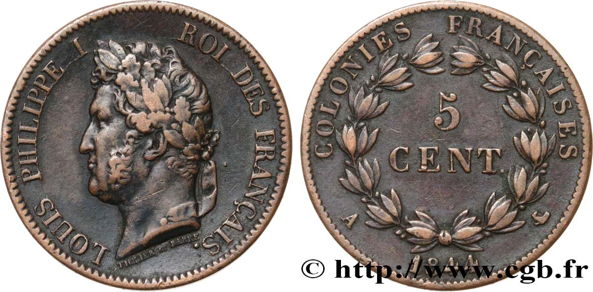 FRENCH COLONIES - Louis-Philippe, for Marquesas Islands 5 Centimes 1844 Paris XF 