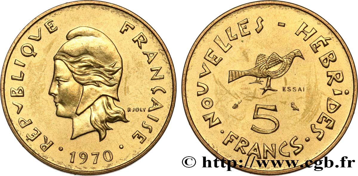NEUE HEBRIDEN (VANUATU ab 1980) 5 Francs ESSAI Marianne / oiseau 1970 Paris fST 