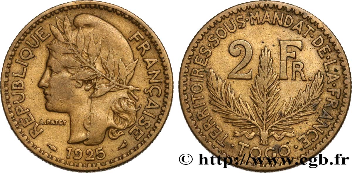 TOGO - FRANZÖSISCHE MANDAT 2 Francs 1925 Paris fSS 