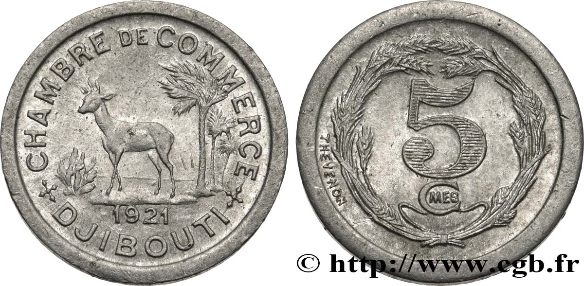 DJIBOUTI 5 Centimes Chambre de Commerce de Djibouti 1921 Paris AU 