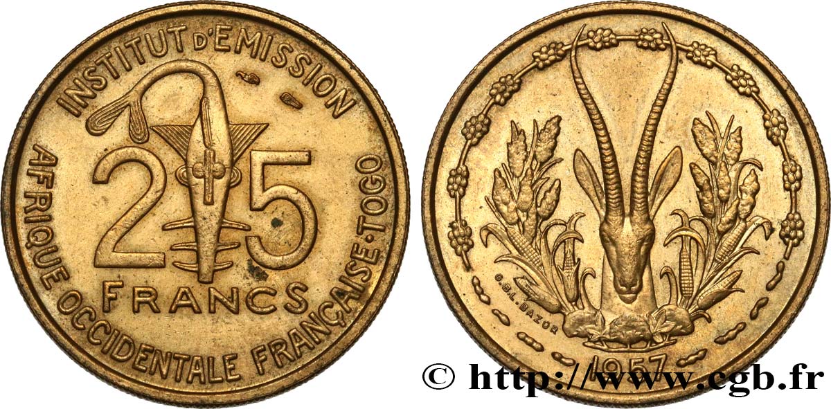 FRANZÖSISCHE WESTAFRIKA - TOGO 25 Francs 1957 Paris VZ 