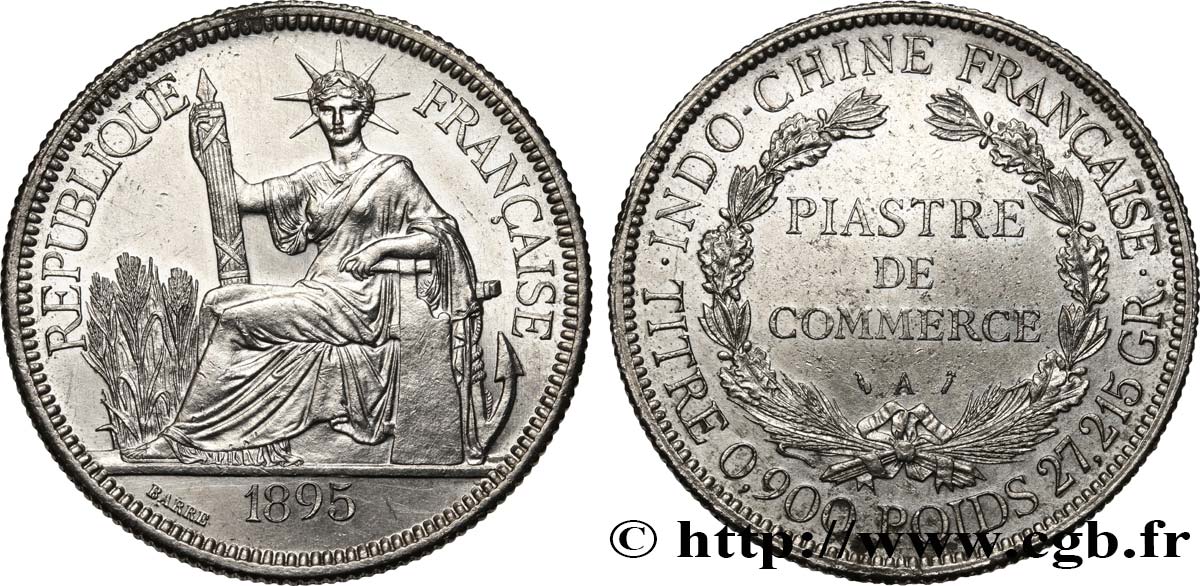 INDOCHINA 1 Piastre de Commerce 1895 Paris EBC 