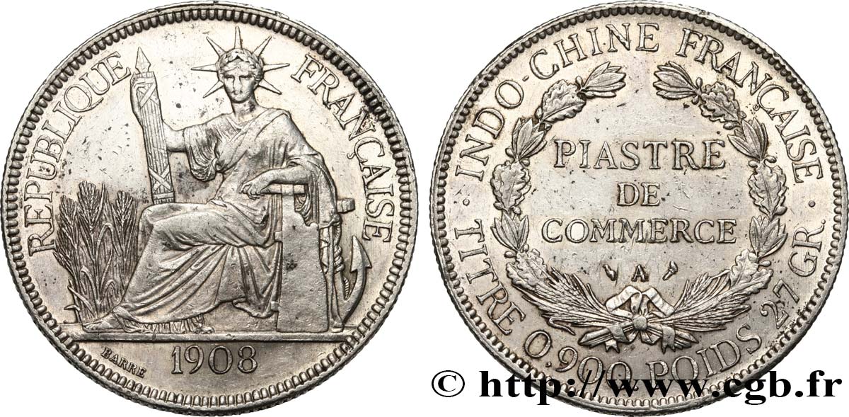 FRENCH INDOCHINA 1 Piastre de Commerce 1908 Paris XF 