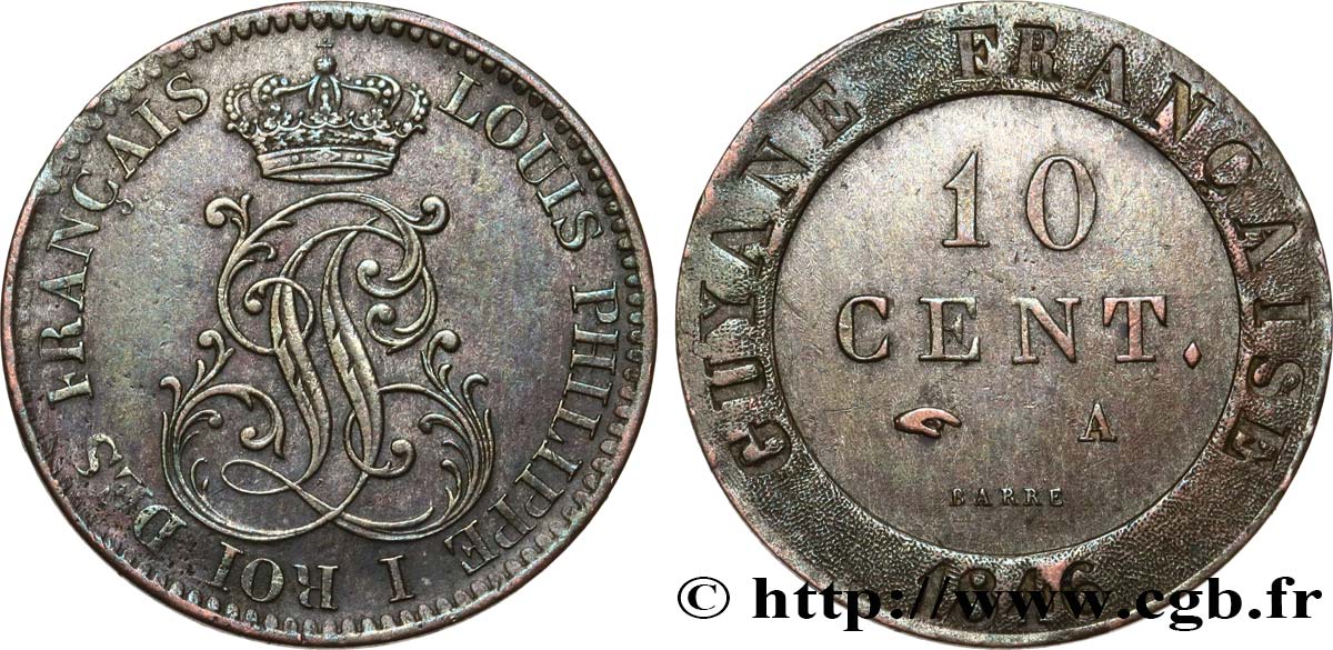 FRENCH GUIANA 10 Cent. (imes) monogramme de Louis-Philippe 1846 Paris AU 