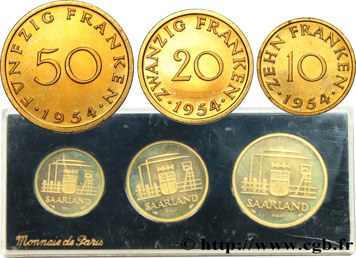 SAARLAND Boîtier d’essais de 10, 20 et 50 Franken 1954 Paris MS 