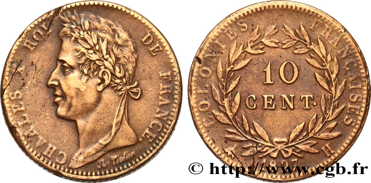 COLONIAS FRANCESAS - Charles X, para Martinica y Guadalupe 10 Centimes Charles X 1827 La Rochelle - H BC+ 
