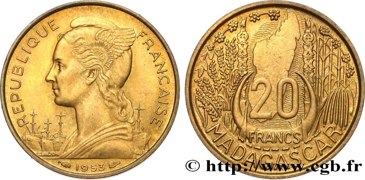 MADAGASCAR French Union 20 Francs 1953 Paris AU 
