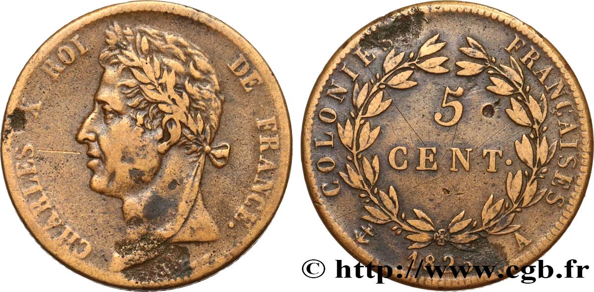 COLONIE FRANCESI - Carlo X, per Guyana e Senegal 5 Centimes Charles X 1825 Paris - A MB 