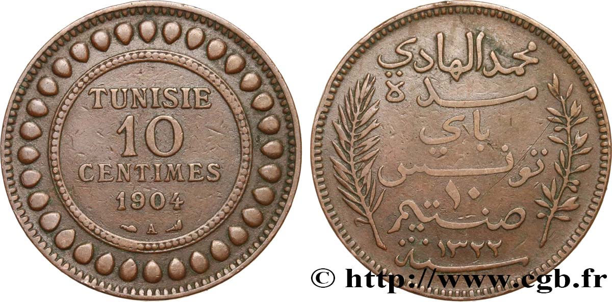TUNEZ - Protectorado Frances 10 Centimes AH1322 1904 Paris MBC 