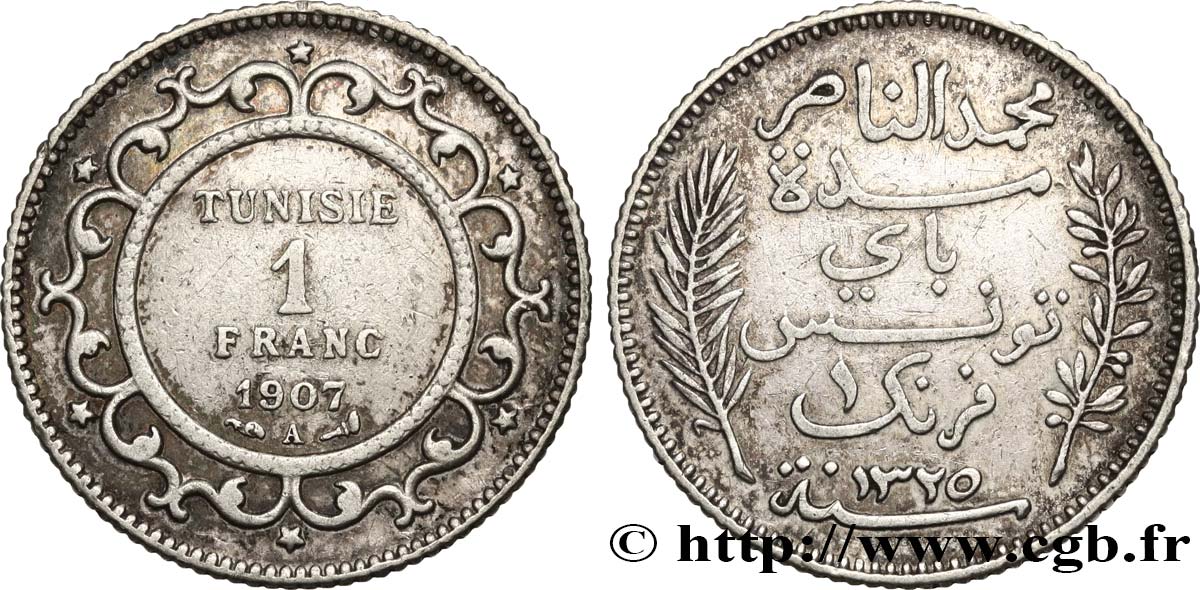 TUNISIA - French protectorate 1 Franc AH 1325 1907 Paris XF 