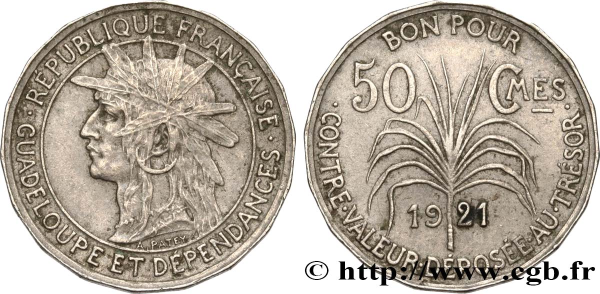 GUADELOUPE Bon pour 50 Centimes indien caraïbe / canne à sucre 1921  XF 