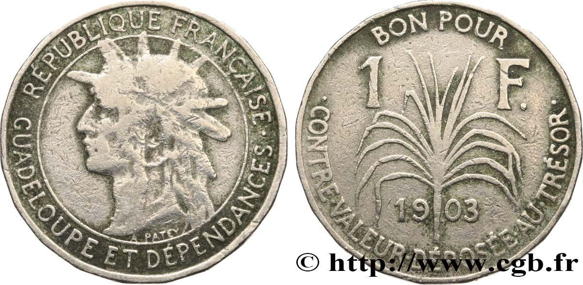 GUADELOUPE Bon pour 1 Franc indien caraïbe / canne à sucre 1903  TB 