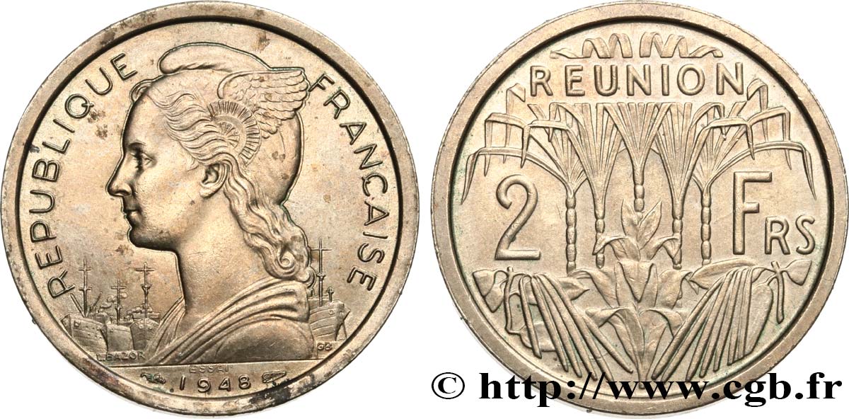 ÎLE DE LA RÉUNION Essai de 2 Francs 1948 Paris SUP 