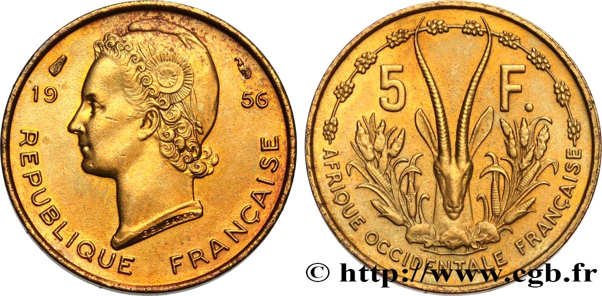 FRANZÖSISCHE WESTAFRIKA 5 Francs 1956 Paris VZ 