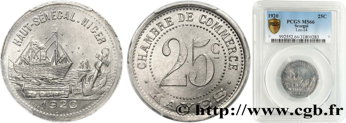 FRENCH AFRICA - SENEGAL 25 Centimes Chambre de Commerce Dakar 1920  MS66 PCGS