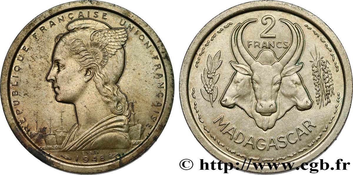 MADAGASKAR - FRANZÖSISCHE UNION Essai de 2 Francs 1948 Paris VZ 