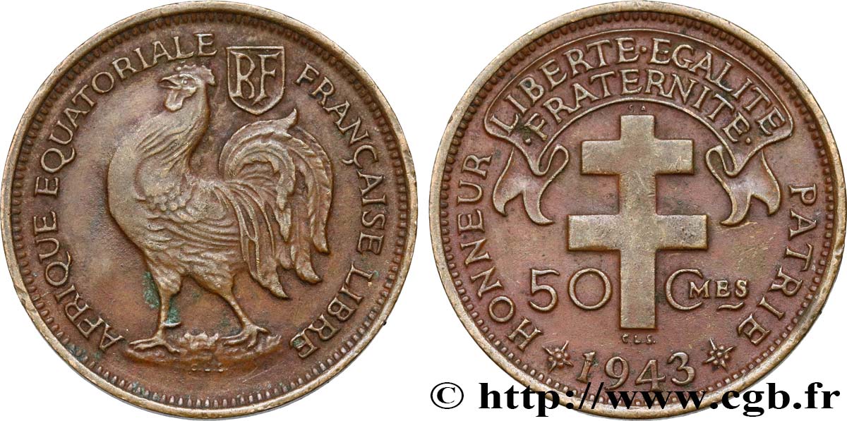 FRENCH EQUATORIAL AFRICA - FREE FRANCE  50 Centimes 1943 Prétoria AU 