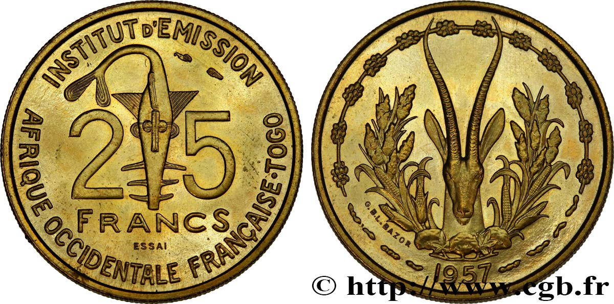 FRANZÖSISCHE WESTAFRIKA - TOGO Essai de 25 Francs 1957 Paris fST 