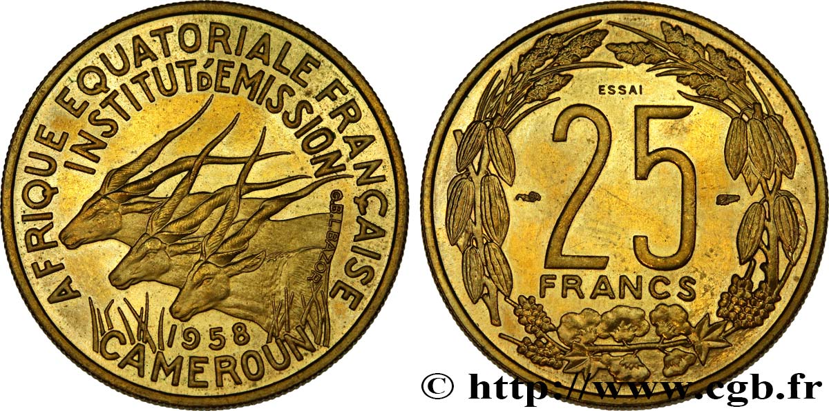 AFRICA EQUATORIALE FRANCESE - CAMERUN 25 Francs ESSAI 1958 Paris MS 