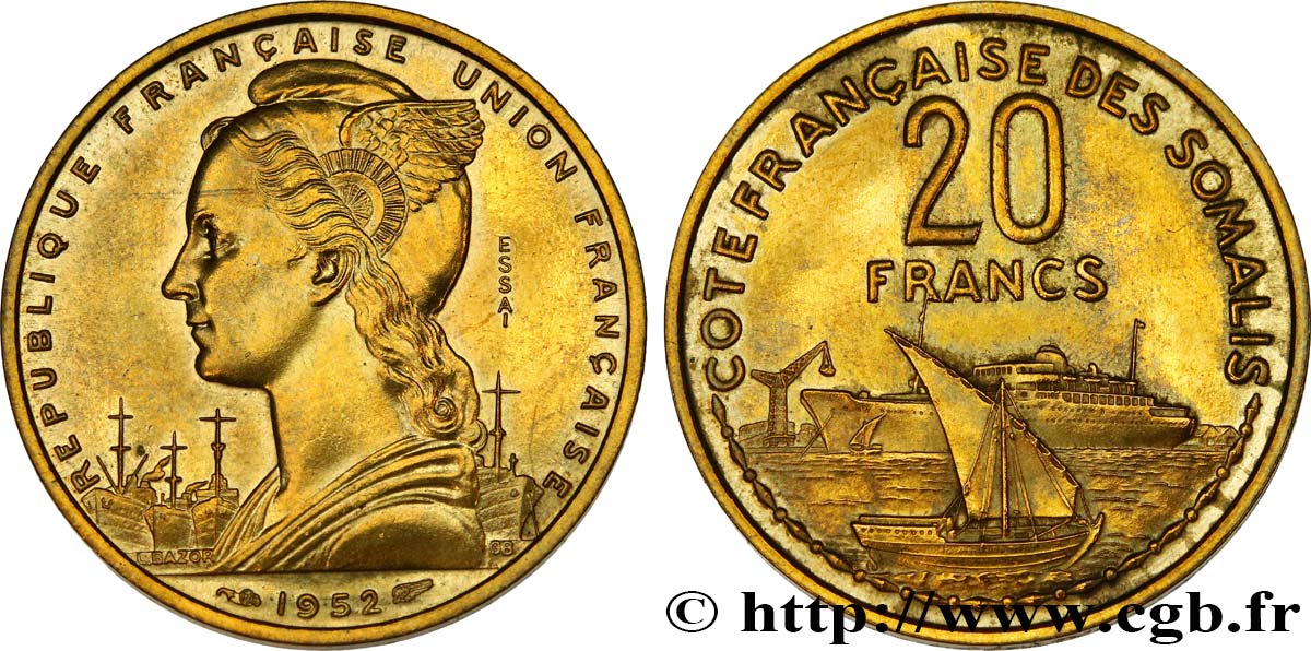CÔTE FRANÇAISE DES SOMALIS Essai de 20 Francs 1952 Paris SUP 