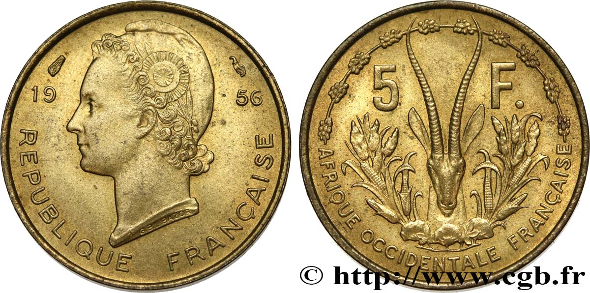 FRANZÖSISCHE WESTAFRIKA 5 Francs 1956 Paris VZ 