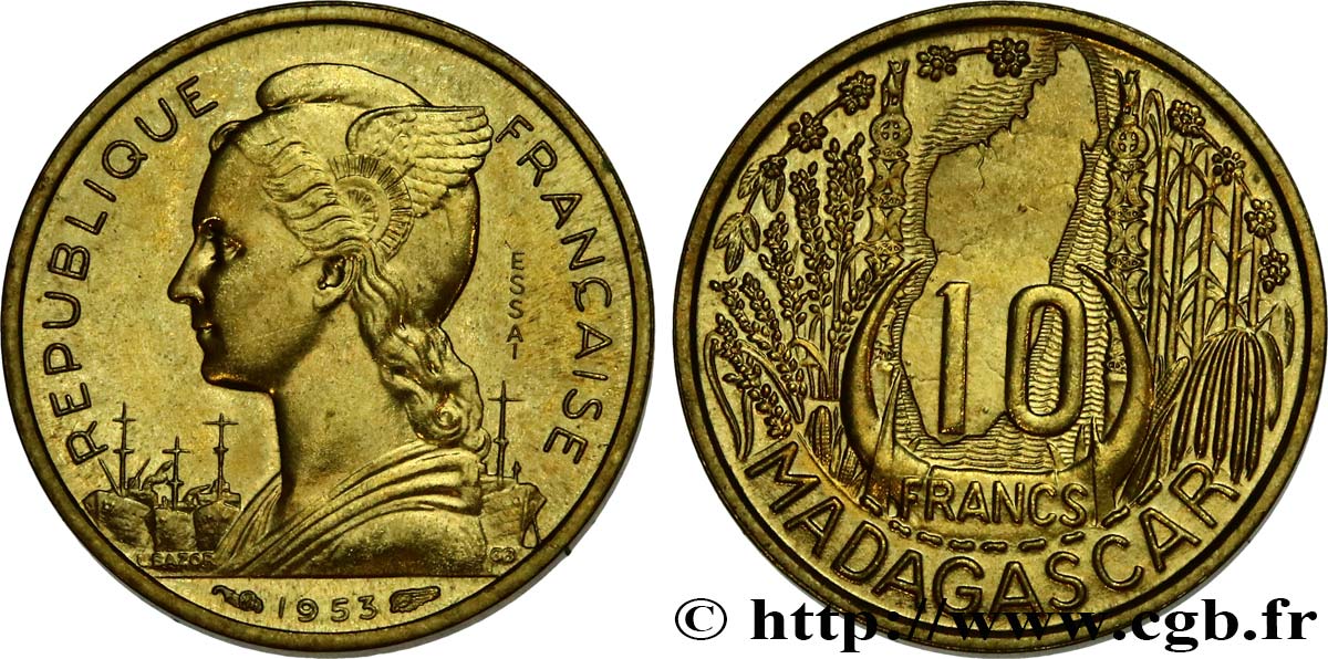 MADAGASCAR - UNION FRANCESE 10 Francs ESSAI 1953 Paris MS 