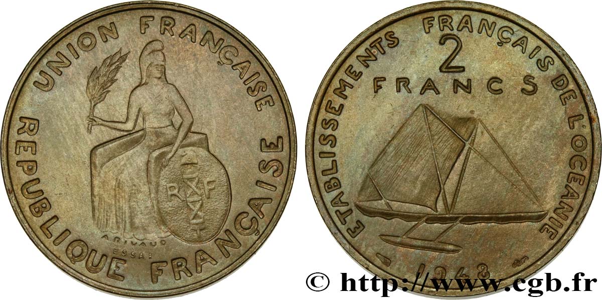 FRANZÖSISCHE POLYNESIA - Franzözische Ozeanien Essai de 2 Francs avec listel en relief 1948 Paris fST 