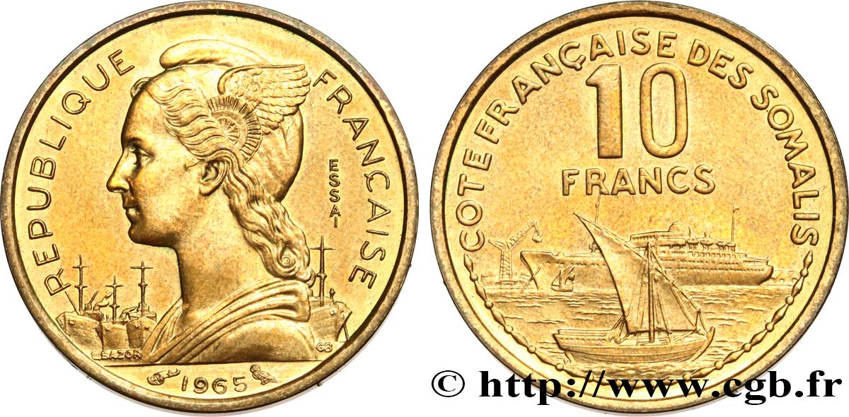 CÔTE FRANÇAISE DES SOMALIS Essai de 10 Francs Marianne / port 1965 Paris SPL 