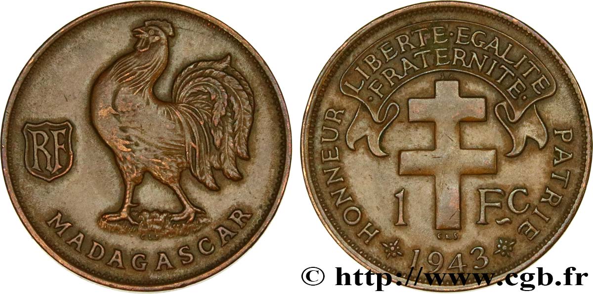 MADAGASCAR - Fuerzas Francesas Libres 1 Franc 1943 Prétoria MBC+ 