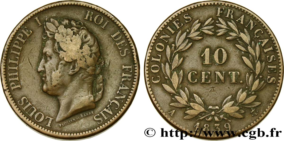 COLONIAS FRANCESAS - Louis-Philippe para Guadalupe 10 Centimes Louis-Philippe 1839 Paris BC+ 