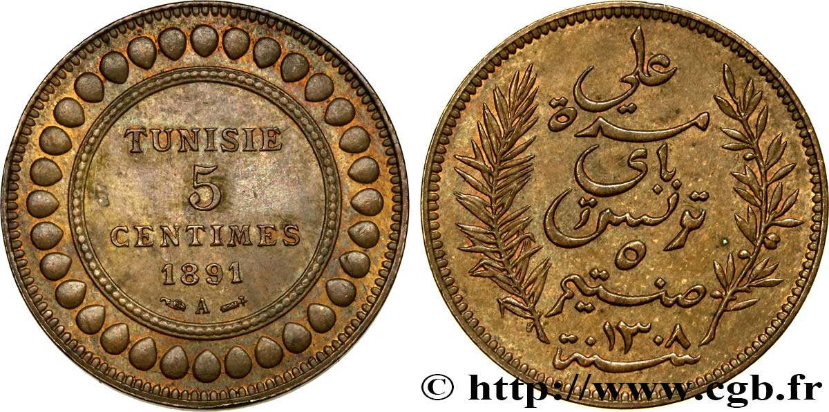 TUNISIE - PROTECTORAT FRANÇAIS 5 Centimes AH1308 1891  SUP 